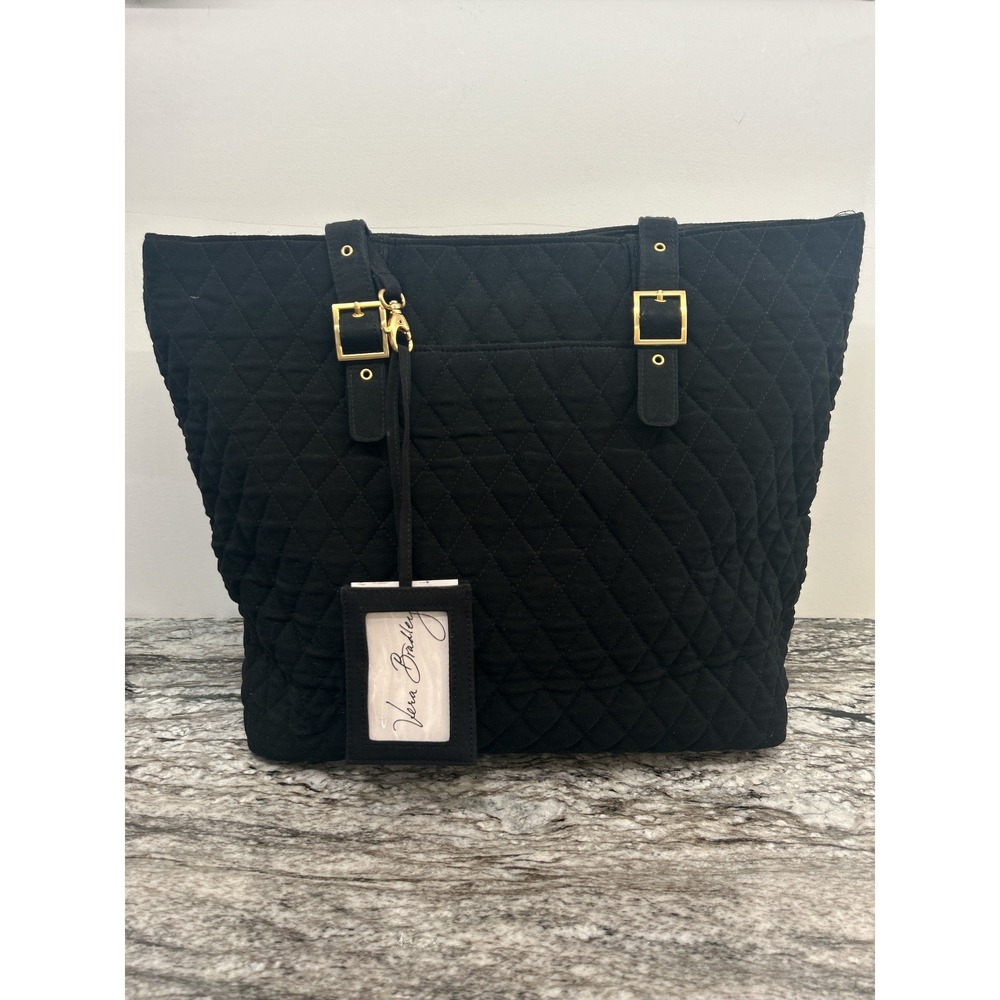 Vera Bradley Black Quilted Microfiber Large Tote Bag Gold Hardware Shoulder Bag
